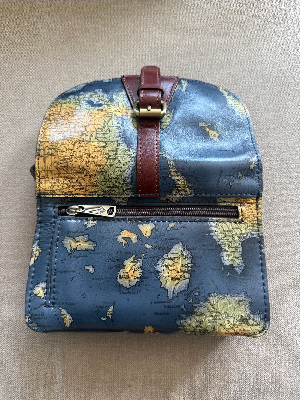Patricia Nash Navy Map Print Leather Crossbody Wallet with Brown Strap - Picture 10 of 11